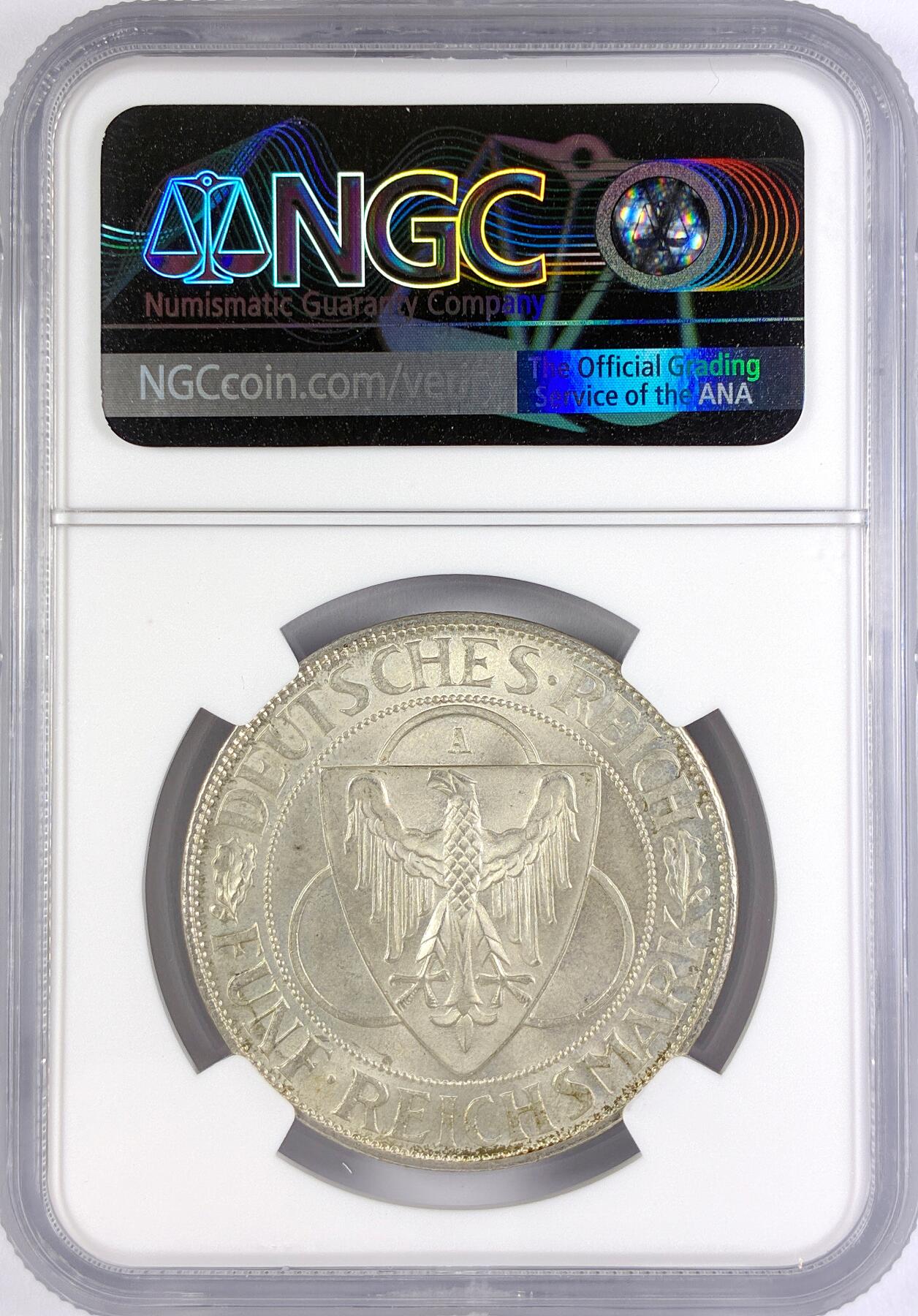 【雨安】【直播拍卖】【世界币章117期-评级币】2025-11-29 周六 19:30 保真 [评级德国] Germany 德国 魏玛 5马克 KM#71 莱茵兰鹰桥 1930年  NGC-MS64