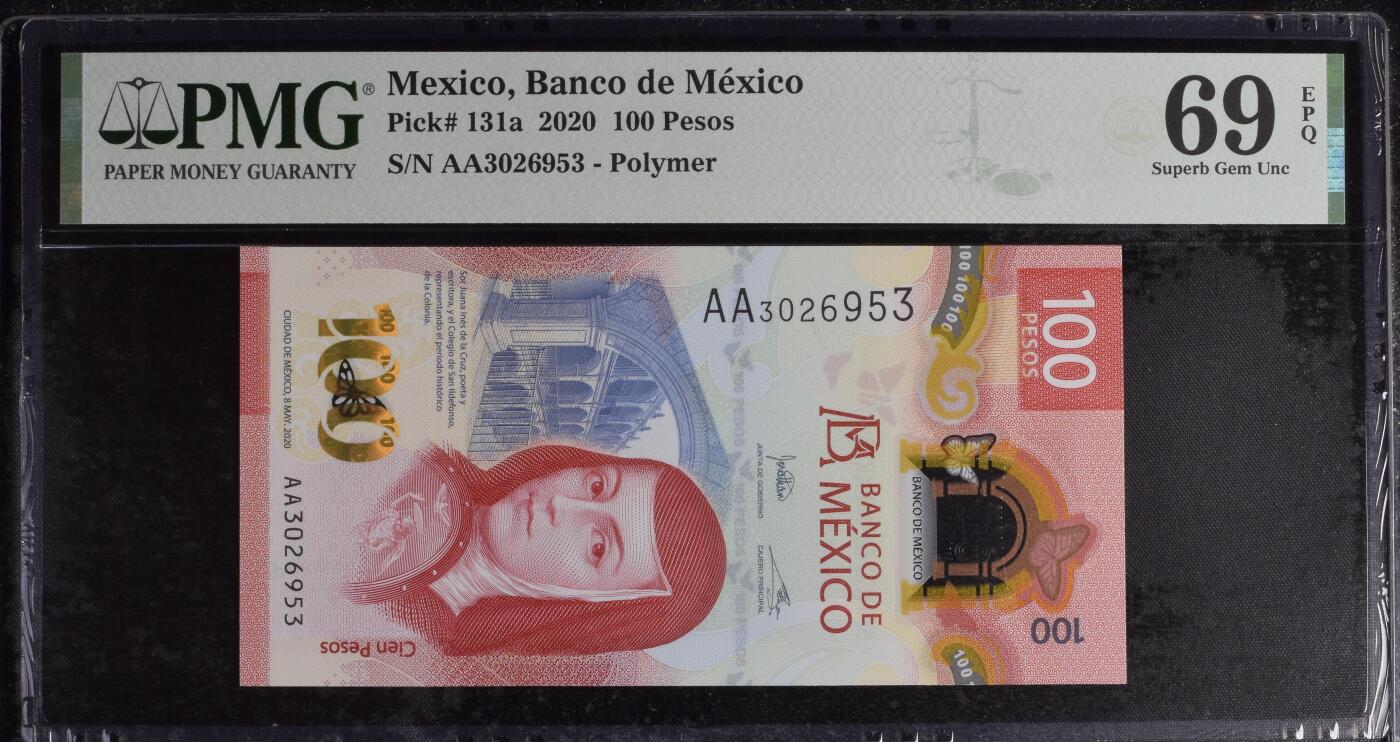 《艾美收藏》第222期-11.30周日外币畅拍 墨西哥2020年首发AA冠100比索PMG69E亚军分 冠军70分仅10张 IBNS世界最佳纸币获奖钞
