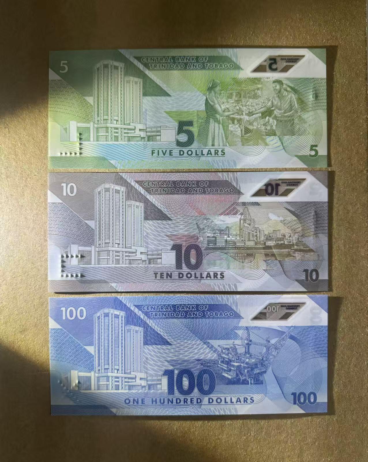 【Blue Auction】世界纸币精拍第756期——18级TOP拍卖/信誉/品质/专业/高效💫 【一组3张豹子号、狮子号、雷达号】特立尼达和多巴哥 5-10-100元 全新UNC