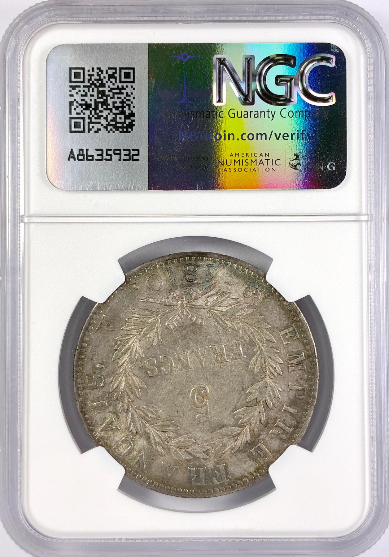 【雨安】【直播拍卖】【世界币章117期-评级币】2025-11-29 周六 19:30 保真 [评级法国] France 法国 5法郎 KM#0694 (1809-1814) 拿破仑一世 1810年  NGC-AU55 原味淡彩包浆