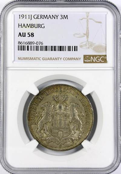【雨安】【直播拍卖】【世界币章117期-评级币】2025-11-29 周六 19:30 保真 - [评级德国] Germany 德国 帝国 汉堡 3马克 1911年  NGC-AU58