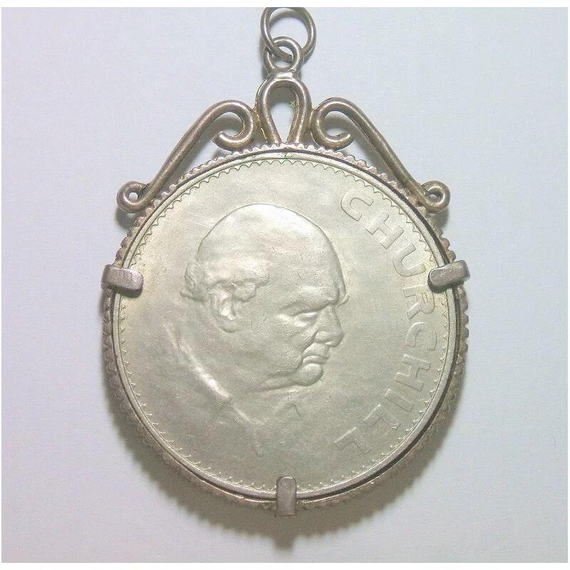 英国1965年伊丽莎白二世+丘吉尔高浮雕精制币章吊坠带银圈 40MM