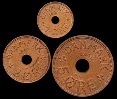 修遠堂世界钱币第九十五期 - 1940年丹麦1，2，5欧尔铜币一套 未流通