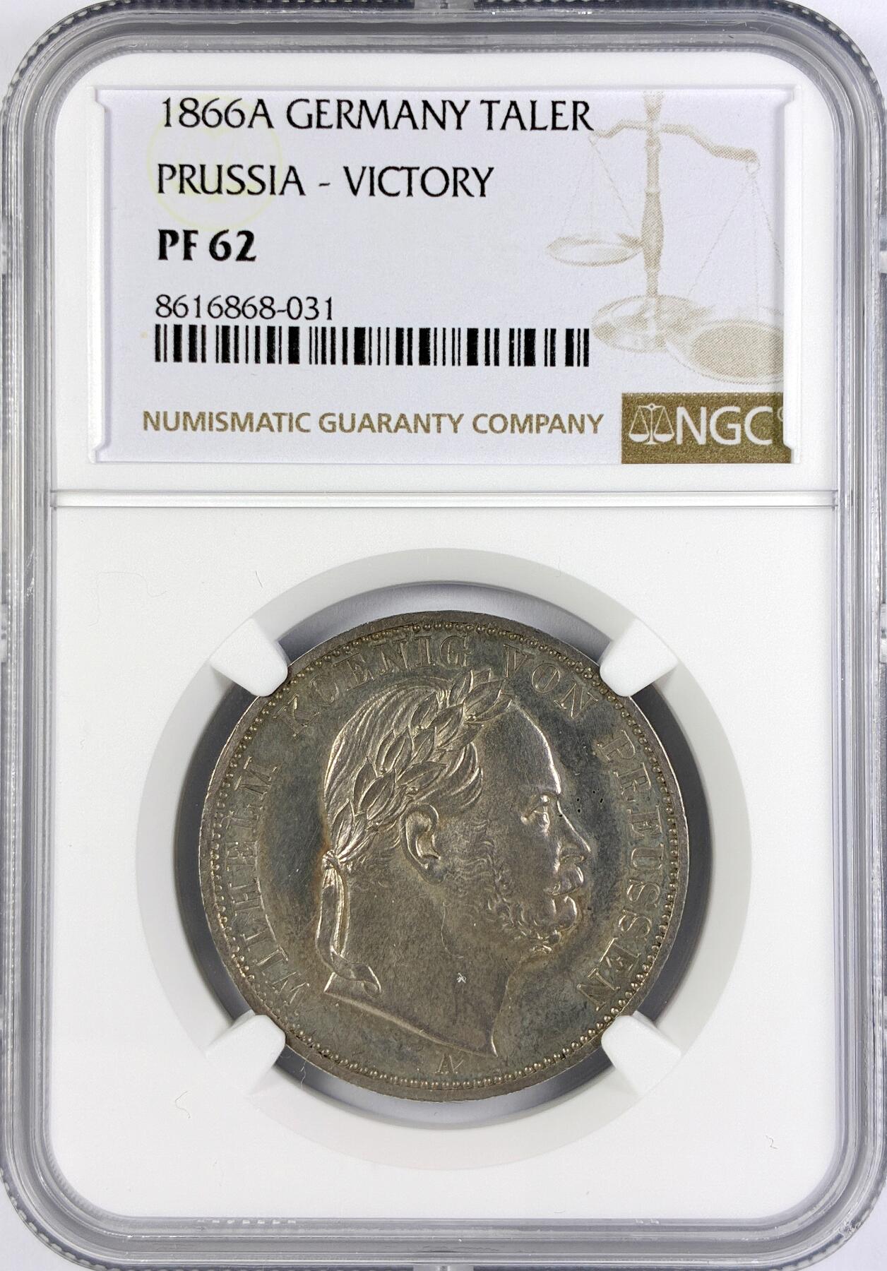 【雨安】【直播拍卖】【世界币章117期-评级币】2025-11-29 周六 19:30 保真 [评级德国] Germany 德国 德意志 1泰勒 Prussia普鲁士 Thun.271 KM#0497 (1866) 威廉一世.普奥战争.桂冠 1866年 NGC-PF62 罕见精制