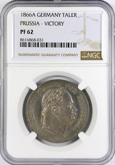 【雨安】【直播拍卖】【世界币章117期-评级币】2025-11-29 周六 19:30 保真 - [评级德国] Germany 德国 德意志 1泰勒 Prussia普鲁士 Thun.271 KM#0497 (1866) 威廉一世.普奥战争.桂冠 1866年 NGC-PF62 罕见精制