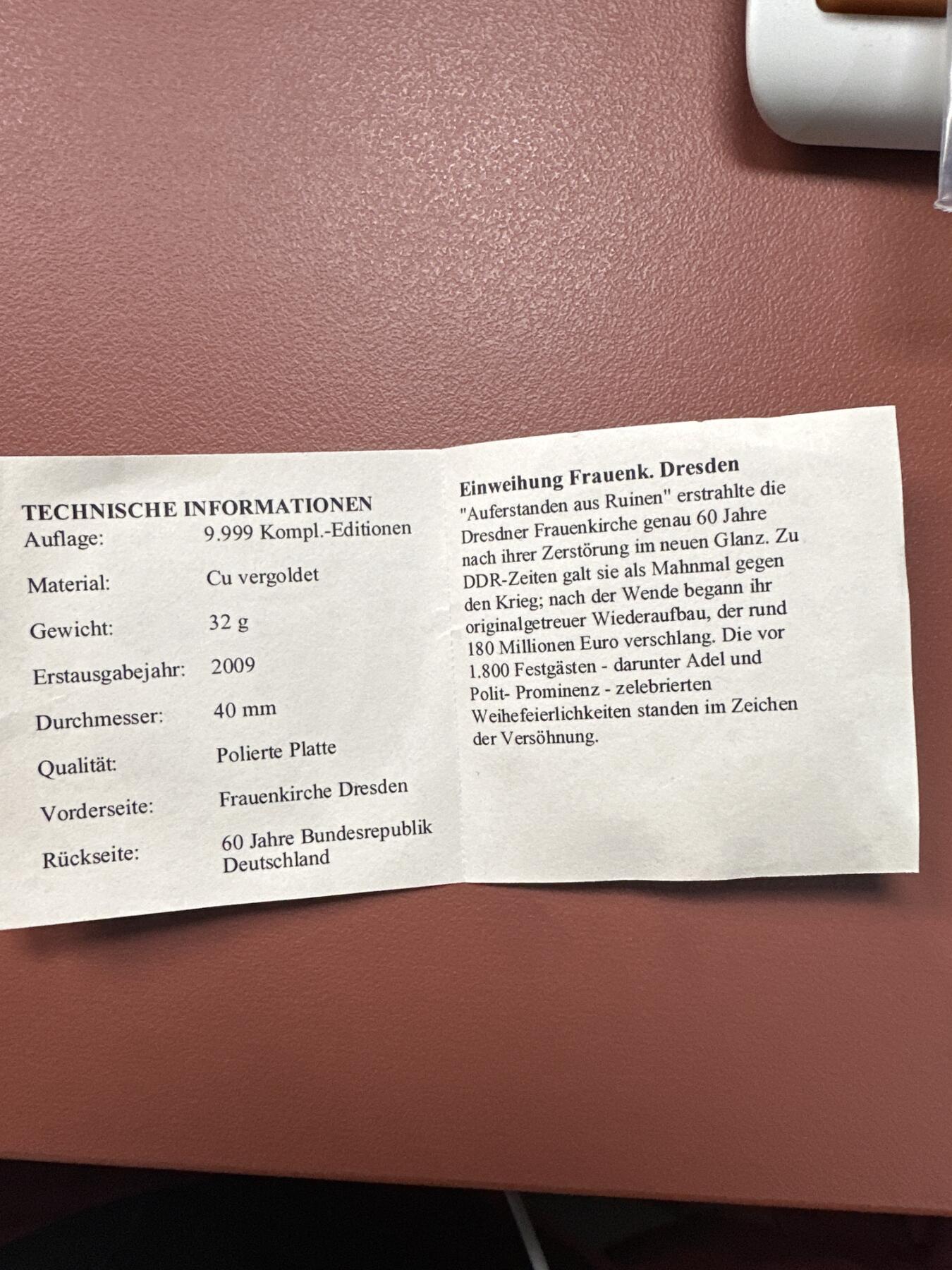 12.4铜章专场 2009年德国德累斯顿圣母教堂落成 高浮雕精致镀金铜章 40mm
