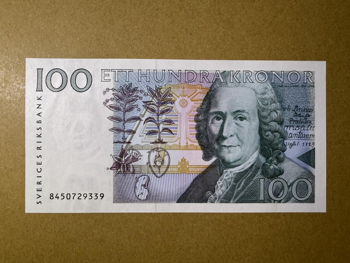 《艾美收藏》第222期-11.30周日外币畅拍 瑞典100克朗 UNC 1998年 初版 瑞典自然科学家林奈