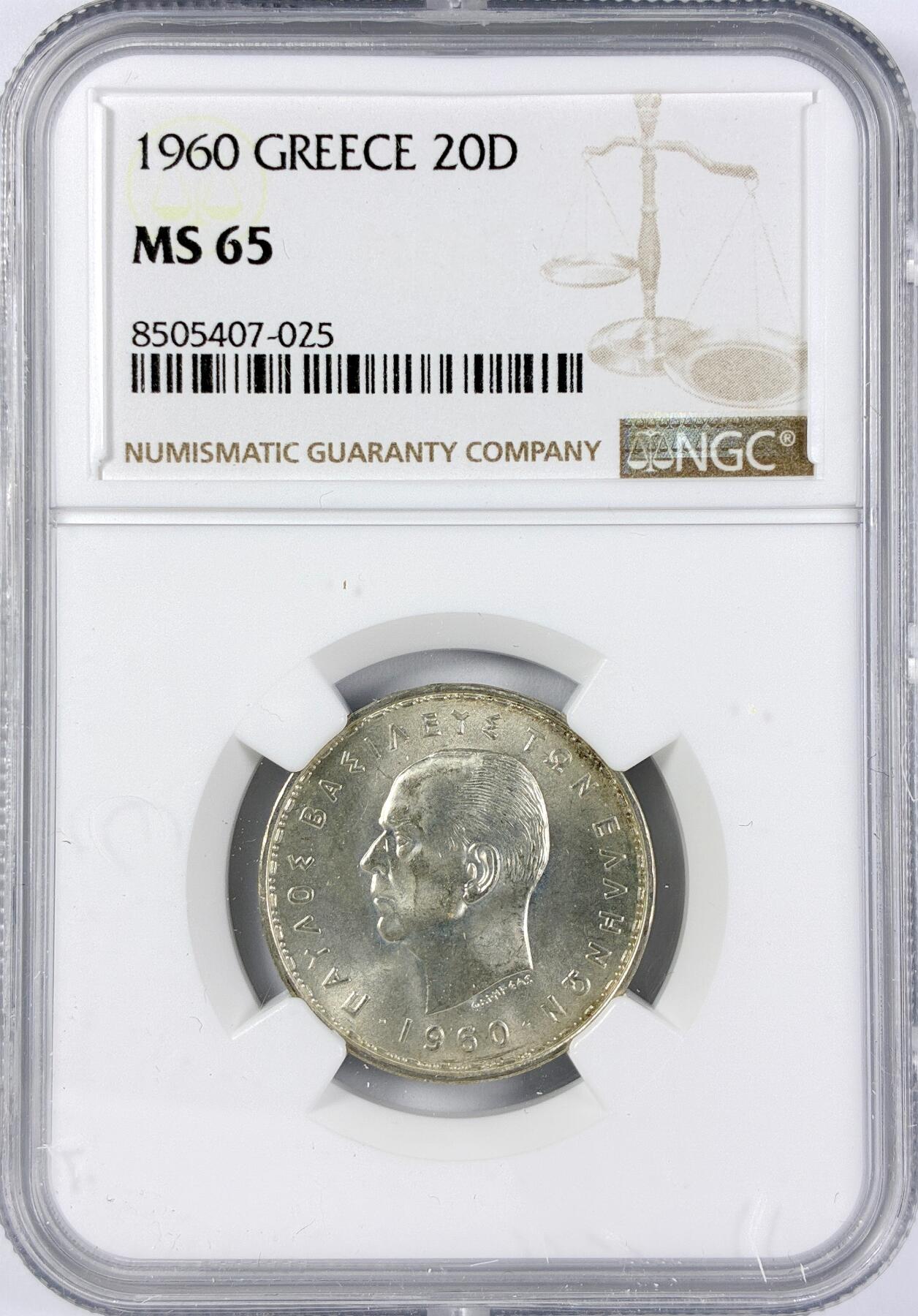 【雨安】【直播拍卖】【世界币章117期-评级币】2025-11-29 周六 19:30 保真 [评级欧洲] Greece 希腊 20德拉克马 1960年  NGC-MS65