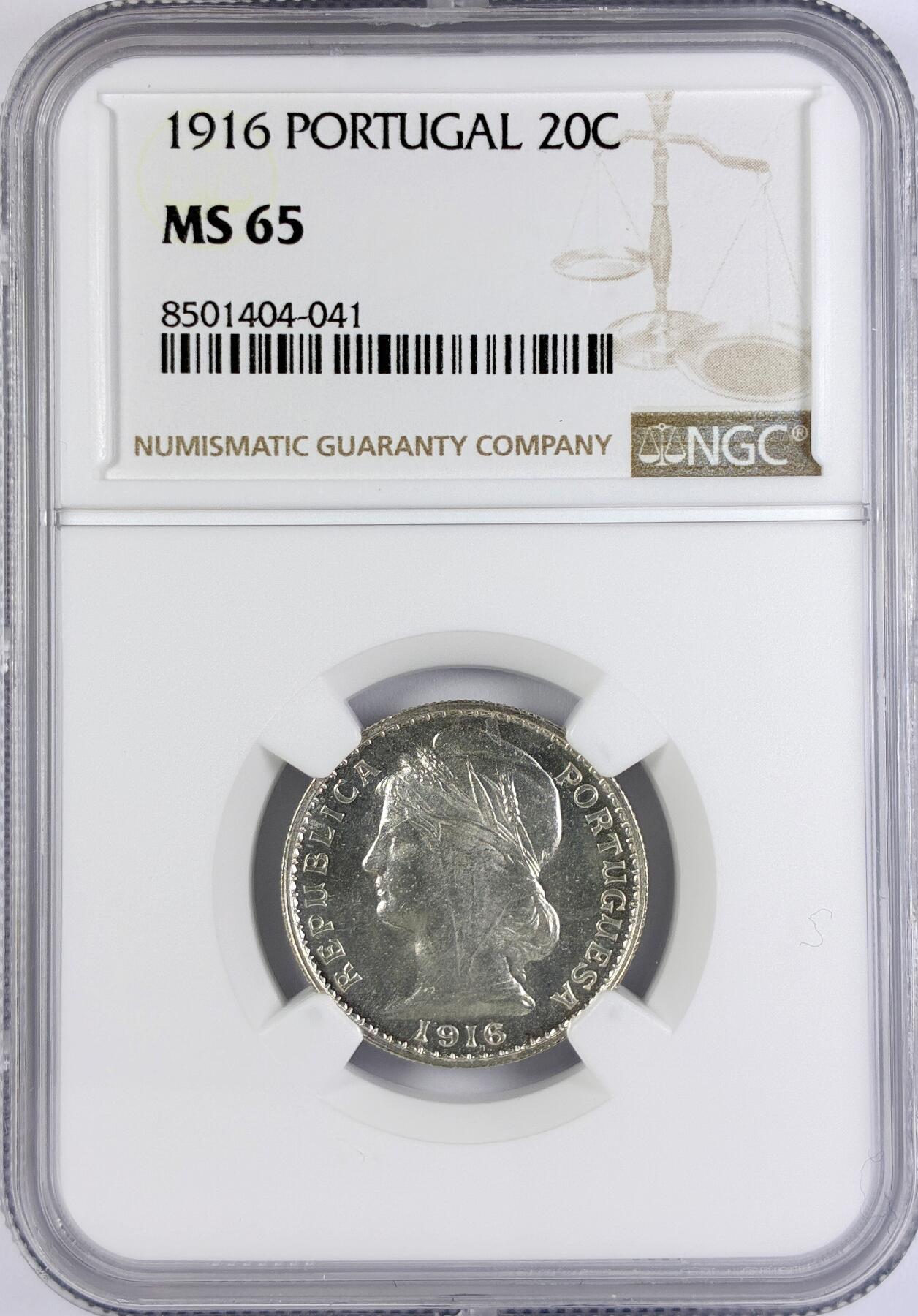 【雨安】【直播拍卖】【世界币章117期-评级币】2025-11-29 周六 19:30 保真 [评级欧洲] 葡萄牙 共和国 20分 1916年  NGC-MS65 关键币值