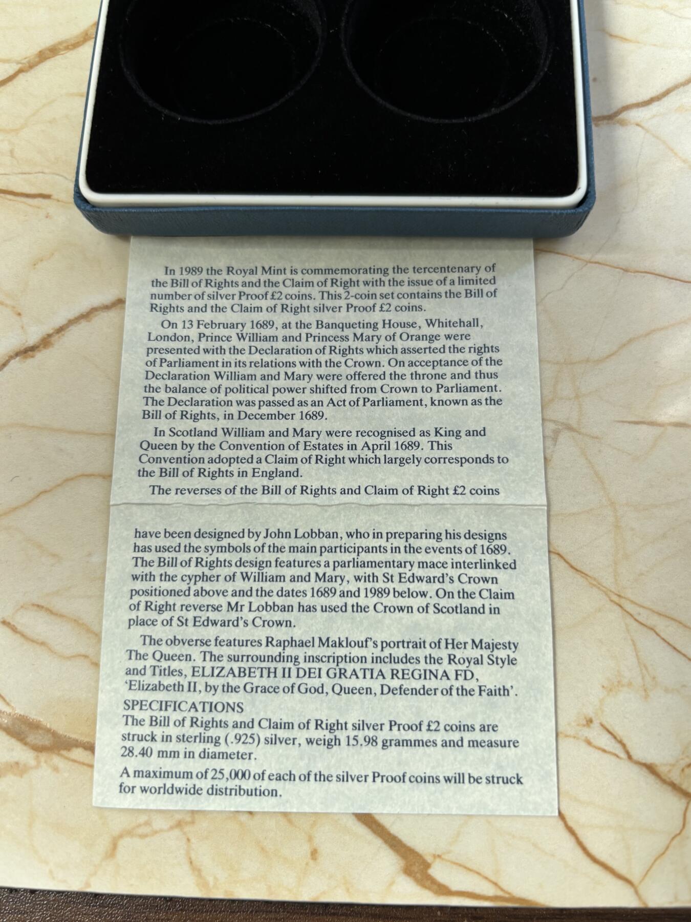 第183期拍卖 NGC PF69、NGC PF67 英国1989年 纪念权利法案300年2镑精制银币 2枚一套带原盒证书，【原盒证】925银，12.98克*2