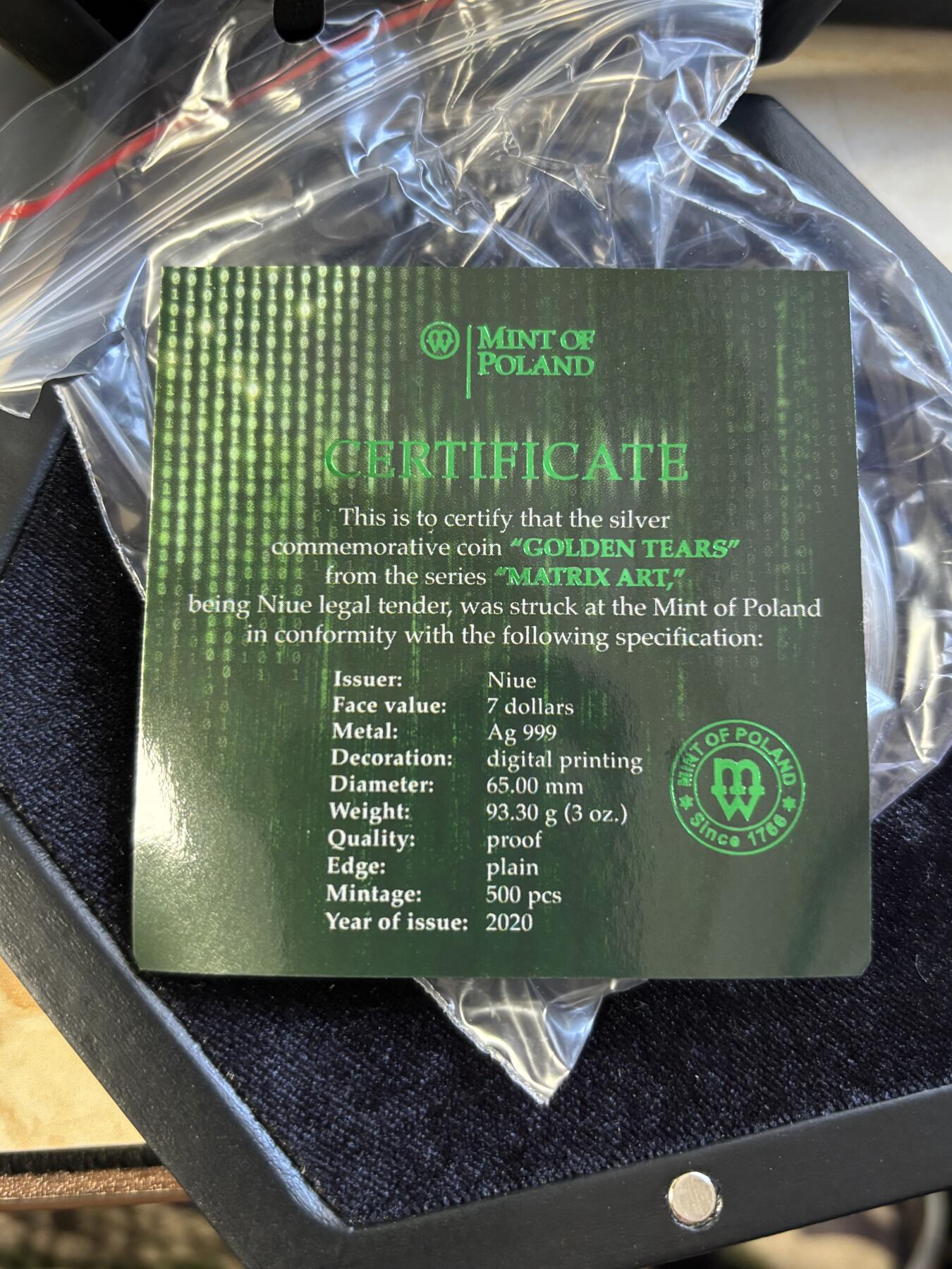 第183期拍卖 纽埃2020年克里姆特名画黄金眼泪3盎司纪念银币，999银，发行500枚，有氧化