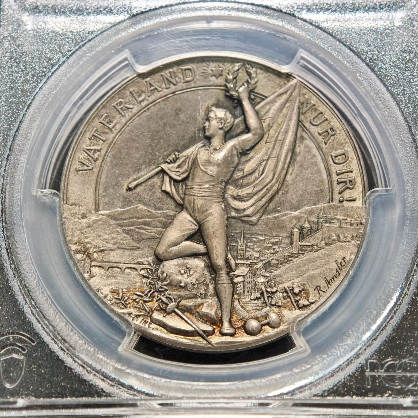 【德藏】世界币章拍卖第155期（拍品征集中~欢迎藏友联系） 冠军分！1897年 瑞士沙夫豪森体操节纪念银章 PCGS SP65 淡黄油包浆 立体感十足 唯2冠军分