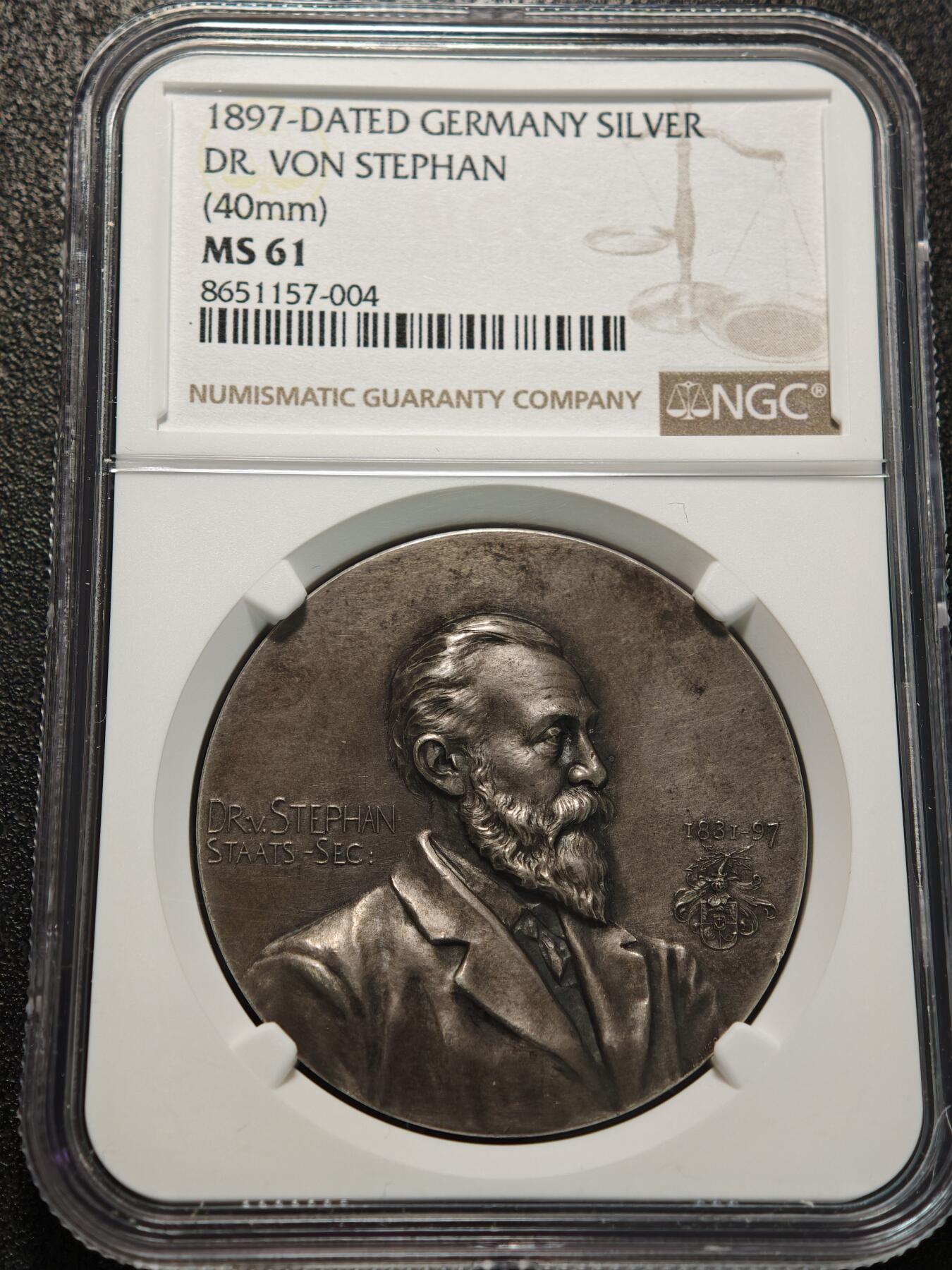 【德藏】世界币章拍卖第155期（拍品征集中~欢迎藏友联系） 1897年 德国德意志帝国首任邮政总局局长 万国邮政联盟（UPU）创始人海因利希·冯·斯蒂芬高浮雕纪念银章 NGC MS61 原味包浆 磨砂质感