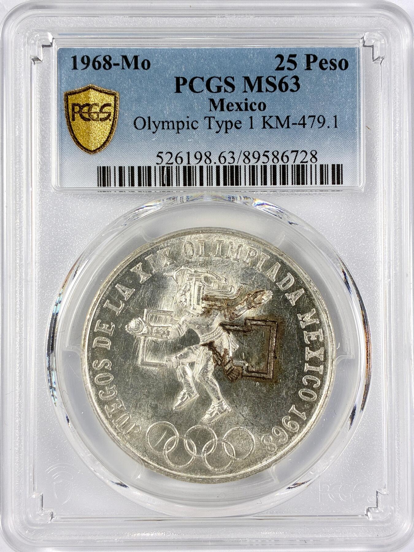 【雨安】【直播拍卖】【世界币章117期-评级币】2025-11-29 周六 19:30 保真 [评级现代] Mexico 墨西哥 25比索 1968年 奥运会 KM#479.1 [22.50 g., 0.720 Silver]  PCGS-MS63
