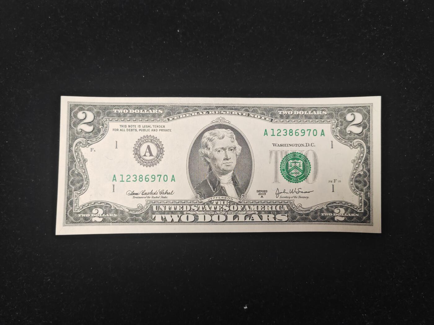 美国纸币 2003年 A 2美元 A区 无4 全新UNC