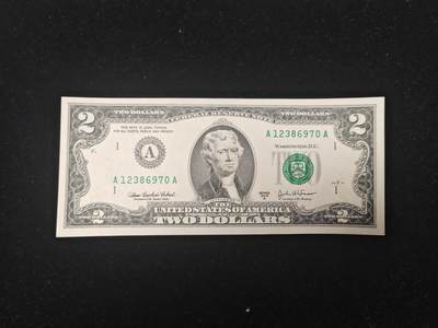 美国纸币 2003年 A 2美元 A区 无4 全新UNC - 美国纸币 2003年 A 2美元 A区 无4 全新UNC