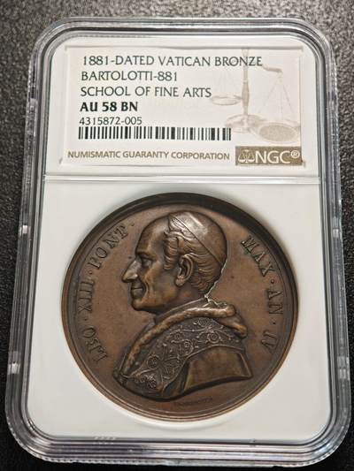 【德藏】世界币章拍卖第155期（拍品征集中~欢迎藏友联系） - 1881年 梵蒂冈教皇利奥十三世高浮雕纪念铜章 NGC AU58BN 包浆温润 立体感十足