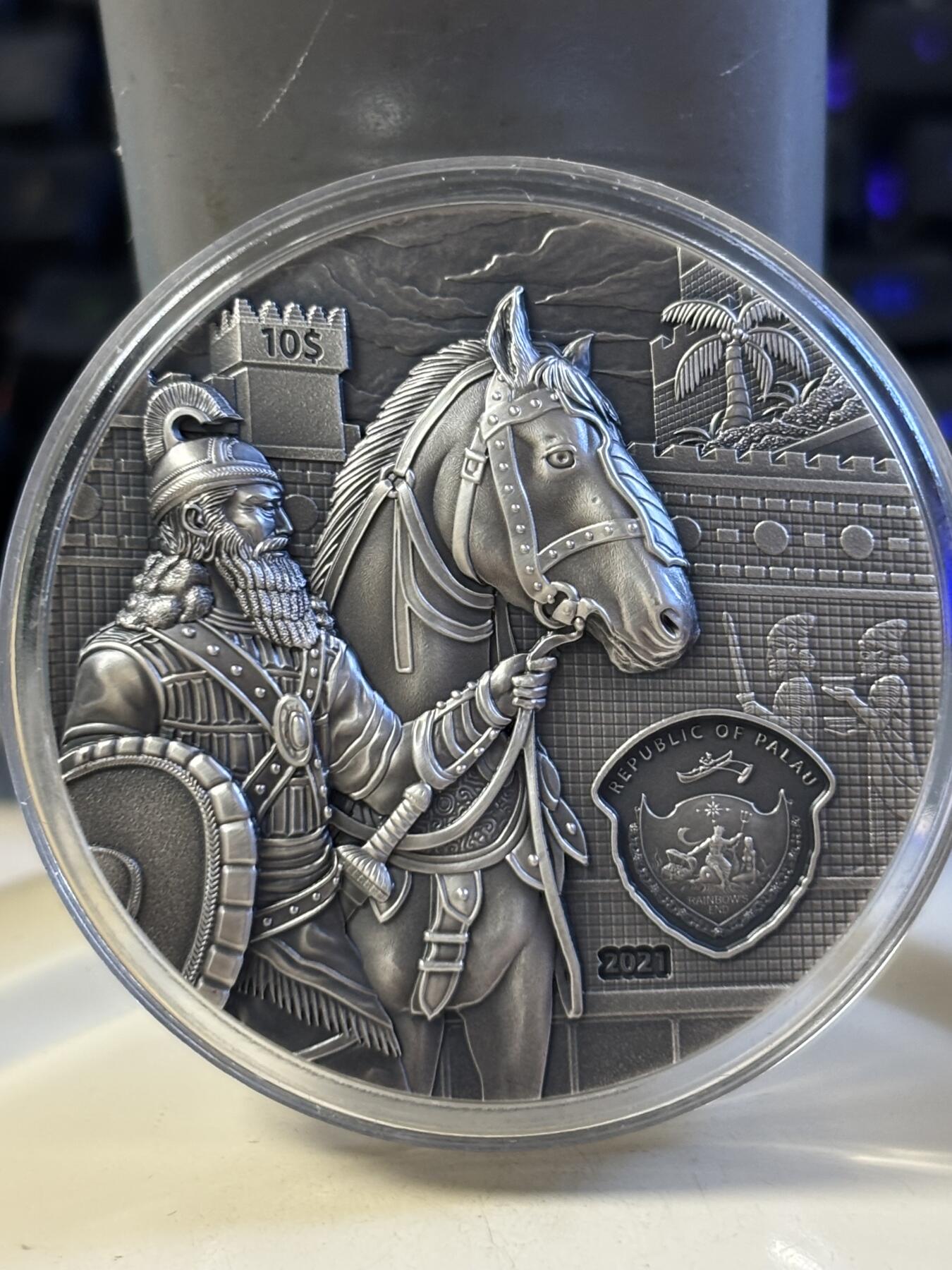 第183期拍卖 获奖帕劳2021失落的文明系列1古巴比伦仿古纪念银币，999银，2盎司， 获得钱币之星年度银币大奖第二名