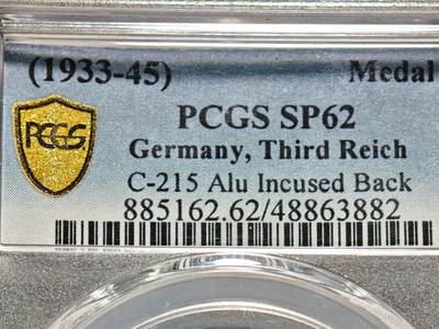 【德藏】世界币章拍卖第155期（拍品征集中~欢迎藏友联系） - 1933-45年 德国民族社会主义工人党党首像胸章铝章 PCGS SP62 亚军分 仅2枚更高 加厚盒封装（原图请查询PCGS评级官网）