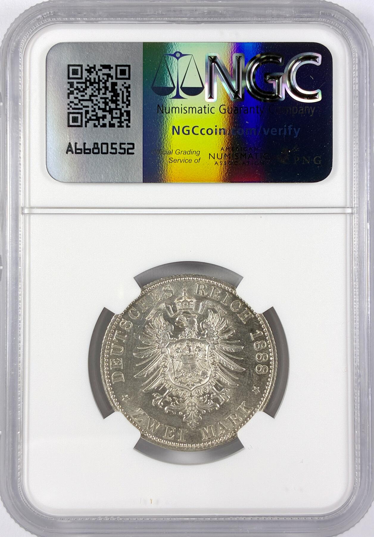 【雨安】【直播拍卖】【世界币章117期-评级币】2025-11-29 周六 19:30 保真 [评级德国] Germany 德国 帝国 普鲁士 2马克 (1888) 三皇 1888年  NGC-MS62