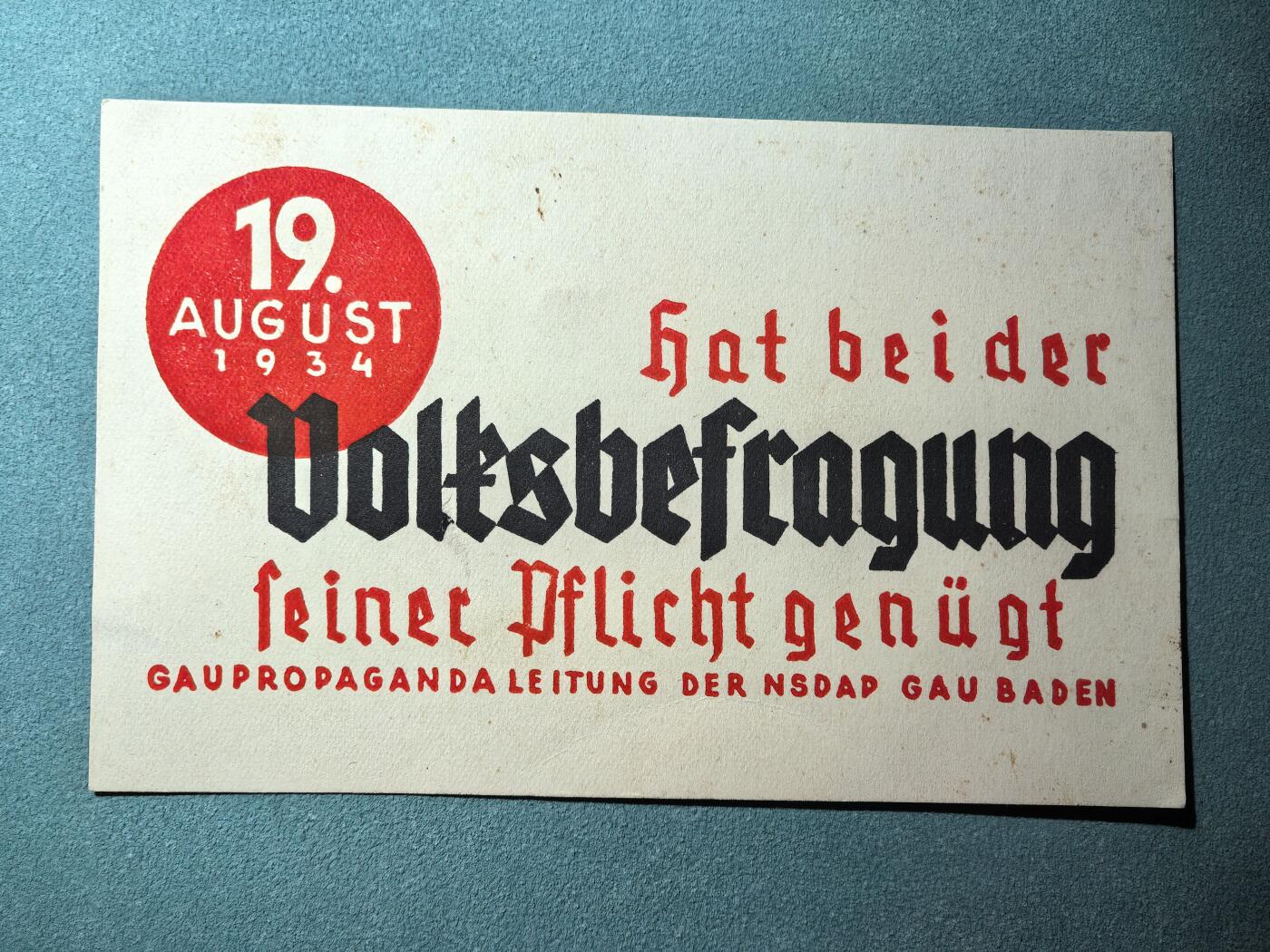 盛世勋华——号角文化勋章邮票专场拍卖第290期 德国（1939）NS巴登大区宣传卡 履行公民投票义务