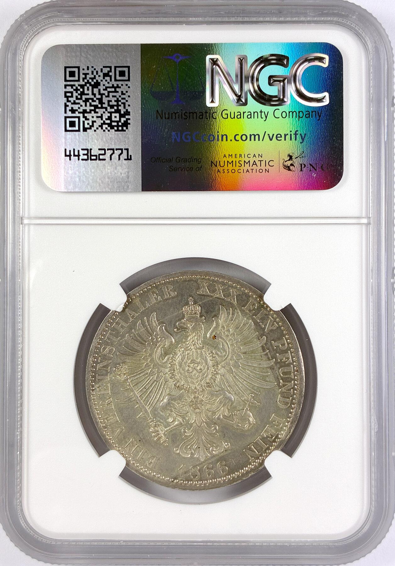 【雨安】【直播拍卖】【世界币章117期-评级币】2025-11-29 周六 19:30 保真 [评级德国] Germany 德国 德意志 1泰勒 Prussia普鲁士 Thun.271 KM#0497 (1866) 威廉一世.普奥战争.桂冠 1866年 NGC-PF62 罕见精制