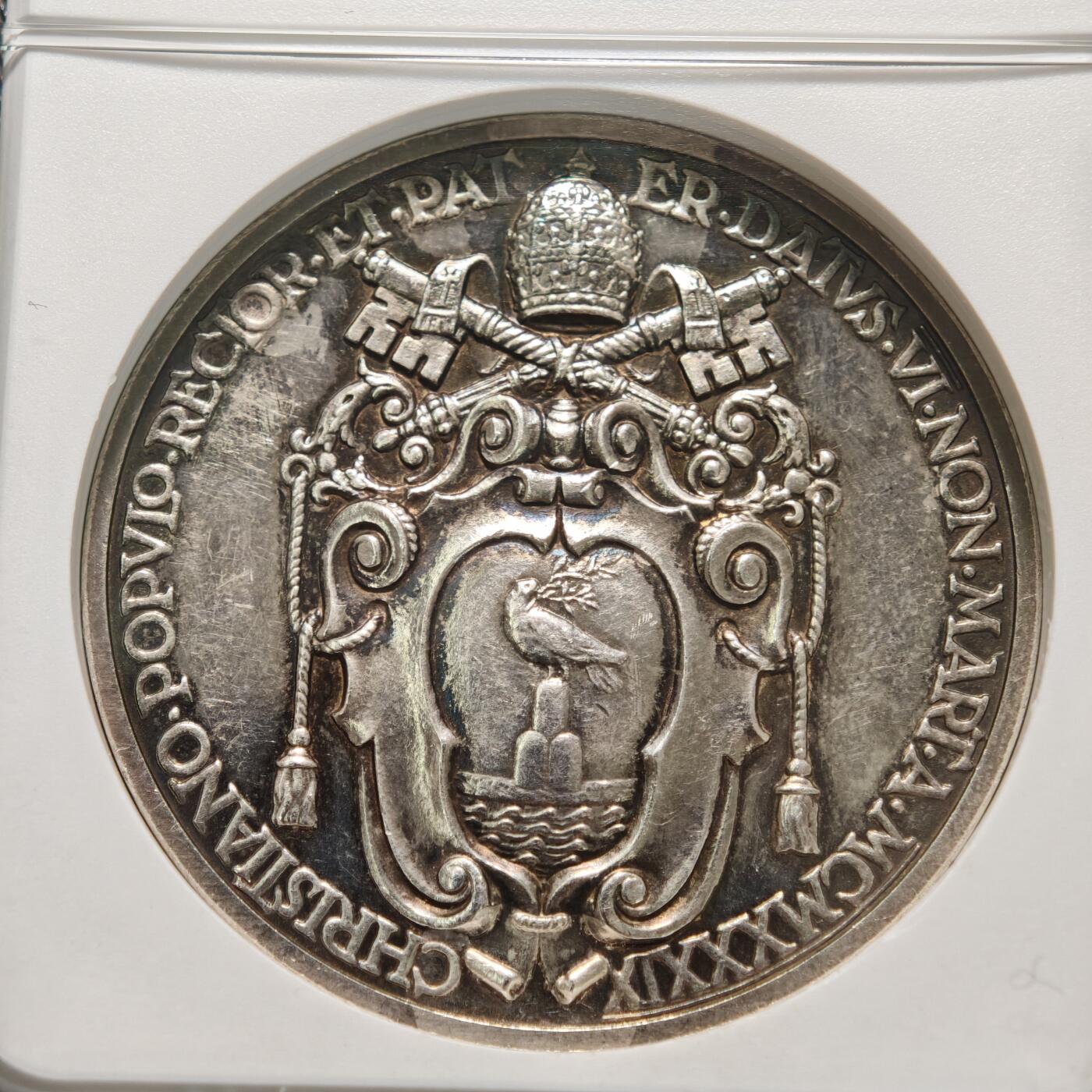 【德藏】世界币章拍卖第155期（拍品征集中~欢迎藏友联系） 1939年 梵蒂冈庇护十二世当选新任教皇高浮雕纪念银章 NGC MS61 细节刻画极其细致 立体感十足