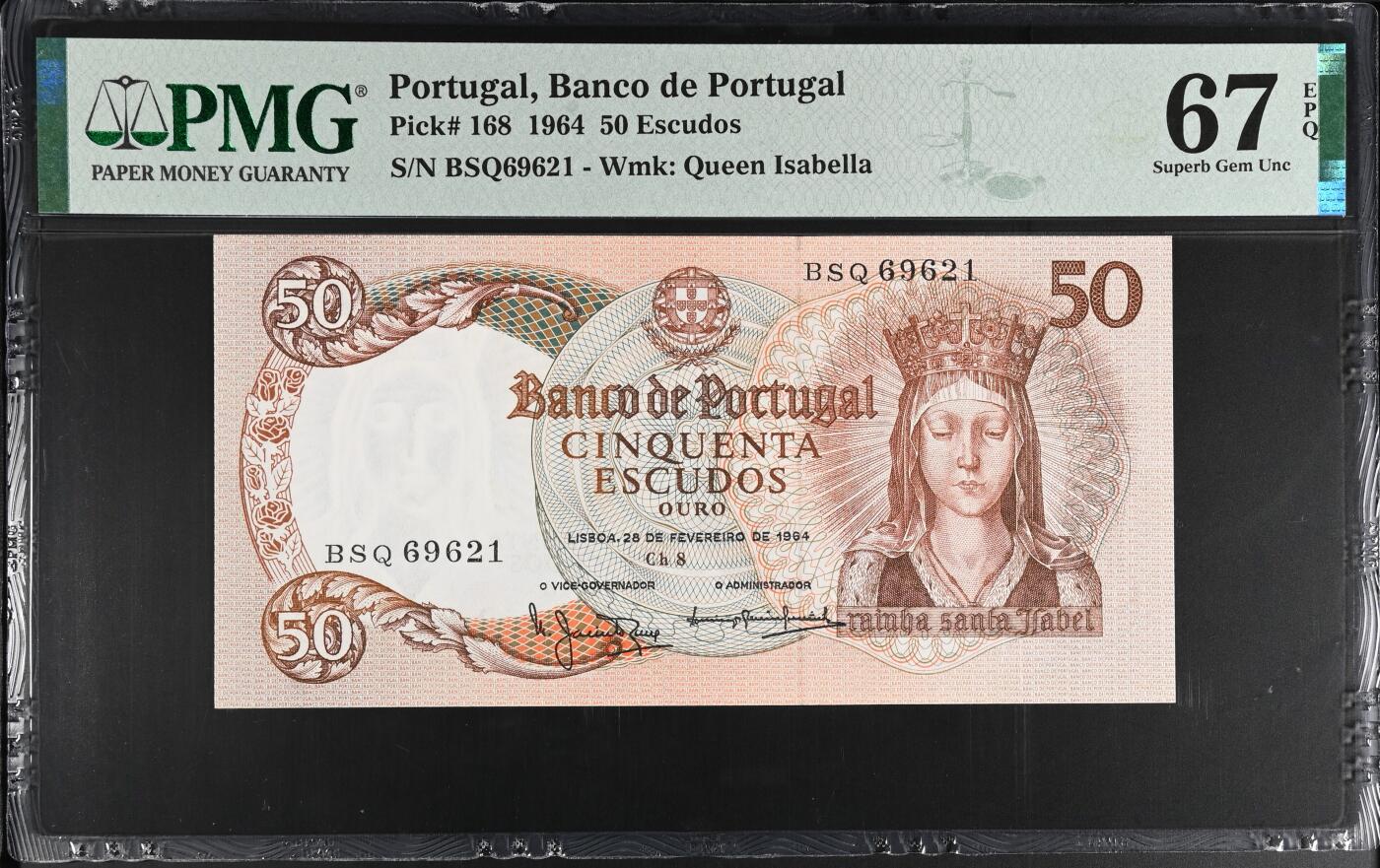 《艾美收藏》第222期-11.30周日外币畅拍 葡萄牙1964年50埃斯库多PMG67E高分无347 伊莎贝尔女王 葡萄牙经典品种
