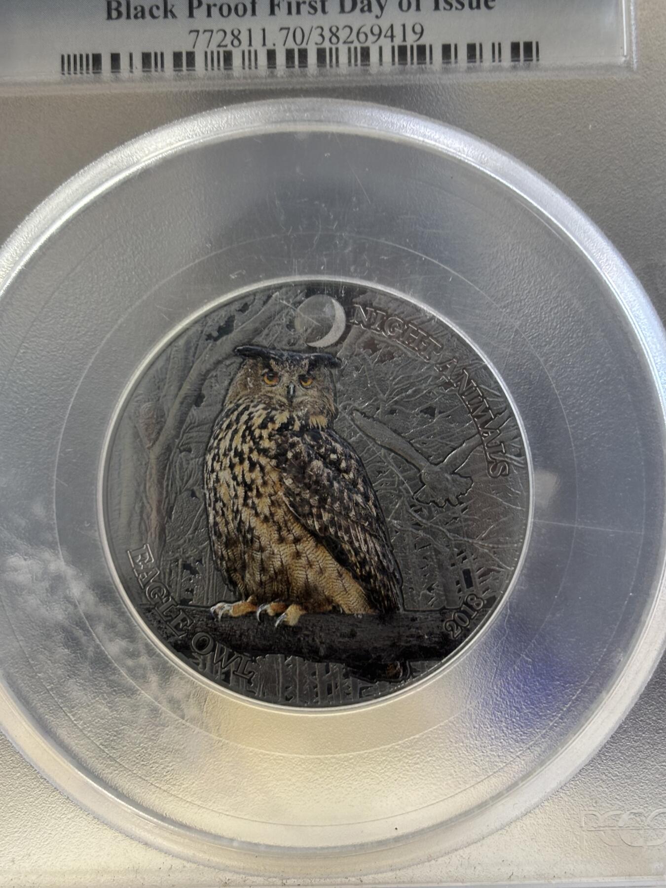 第183期拍卖 库克2018年夜行动物猫头鹰彩色纪念银币PCGS-PR70首无盒无证书，999银，发行499枚