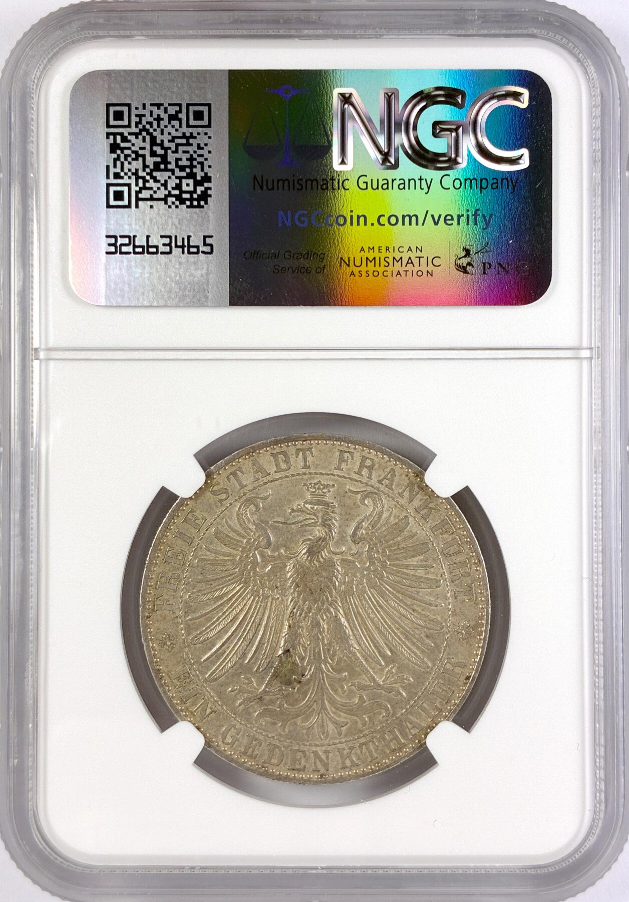 【雨安】【直播拍卖】【世界币章117期-评级币】2025-11-29 周六 19:30 保真 [评级德国] Germany 德国 德意志 1泰勒 Frankfurt法兰克福 Thun.147 KM#0372 (1863) 王子泰勒 1863年  NGC-AU58