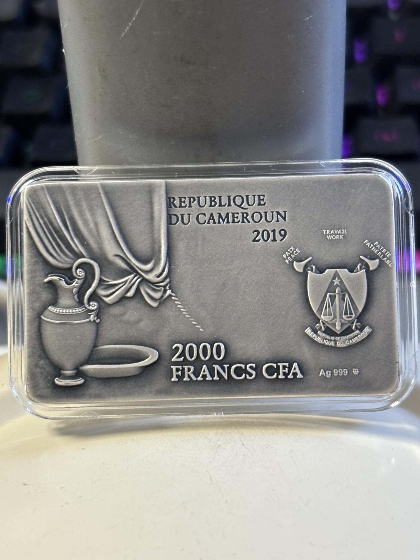 第183期拍卖 喀麦隆2019年最后的晚餐高浮雕2盎司矩形纪念银币，2盎司，发行999枚，有一个点有氧化