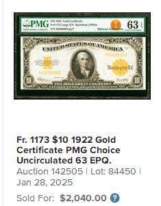 【Blue Auction】世界纸币精拍第756期——18级TOP拍卖/信誉/品质/专业/高效💫 美国 1922年10美金 黄金券 大票幅 金黄色的油墨及凹凸感极佳 美国第一任财政部长迈克尔-希雷加斯 升值品种 PMG63EPQ全新原票  