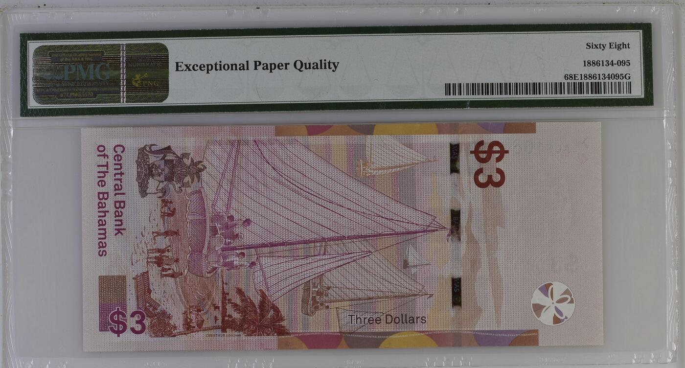 《艾美收藏》第222期-11.30周日外币畅拍 巴哈马2019年首发A冠3元PMG68E高分千位1087号 女王钞