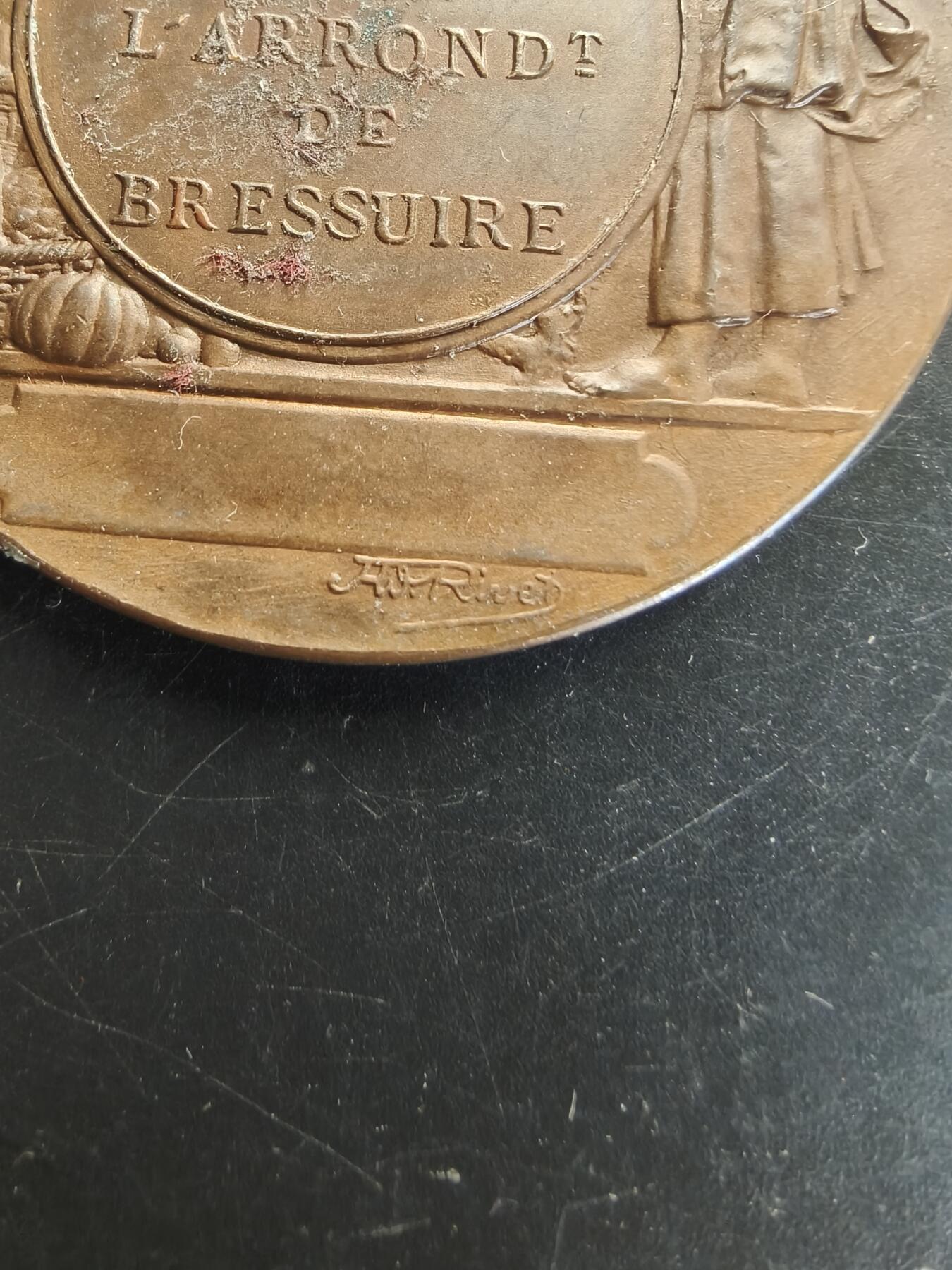 老王徽章第166期 法国布雷絮尔区农业博览会大铜章     原盒    大师里维特作品   直径51mm.    重量54g