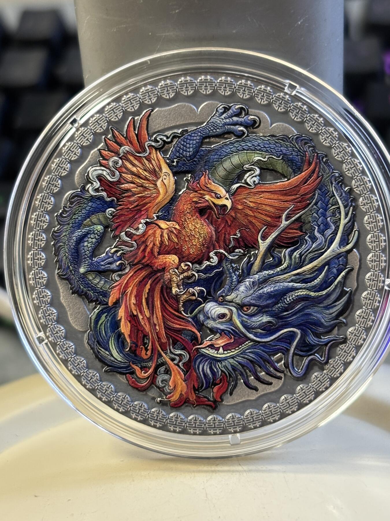 第183期拍卖 加纳2021年中国文化龙凤仿古彩色50克纪念银币，999银，发行888枚