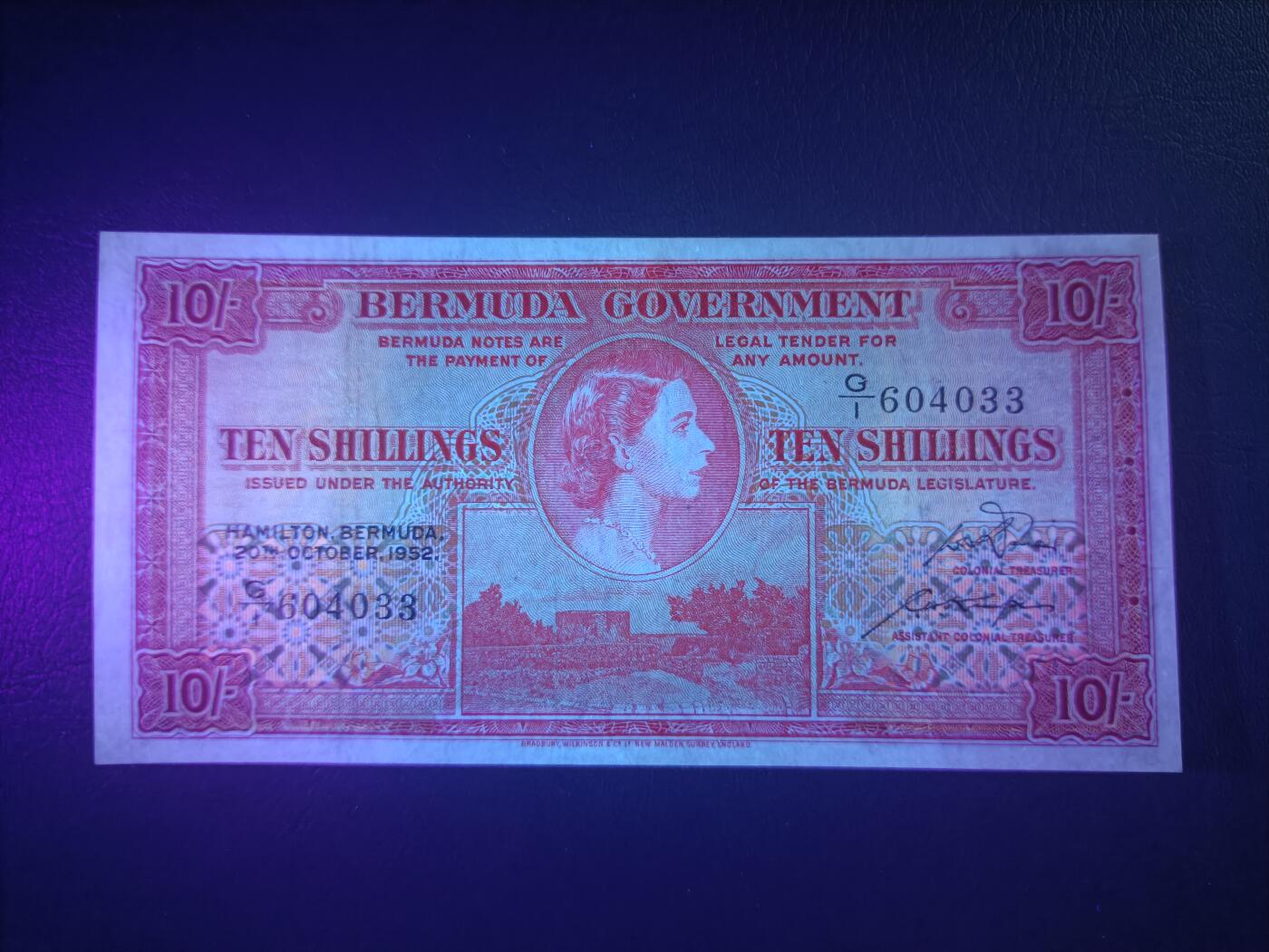 2025十一月第七期，总205期 英属百慕大1952年10先令AUNC此年份首冠G/1，青年女王