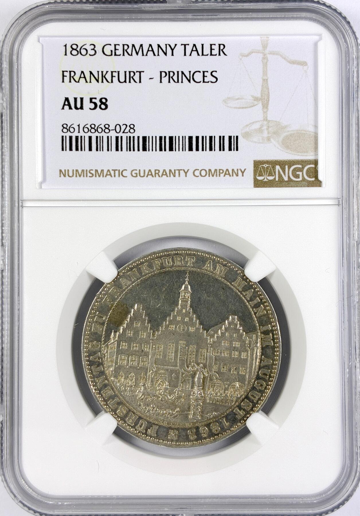 【雨安】【直播拍卖】【世界币章117期-评级币】2025-11-29 周六 19:30 保真 [评级德国] Germany 德国 德意志 1泰勒 Frankfurt法兰克福 Thun.147 KM#0372 (1863) 王子泰勒 1863年  NGC-AU58