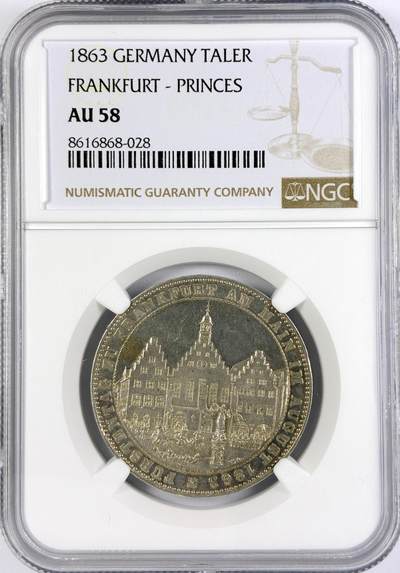 【雨安】【直播拍卖】【世界币章117期-评级币】2025-11-29 周六 19:30 保真 - [评级德国] Germany 德国 德意志 1泰勒 Frankfurt法兰克福 Thun.147 KM#0372 (1863) 王子泰勒 1863年  NGC-AU58
