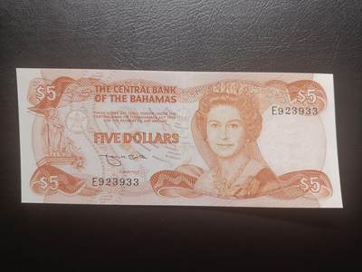 2025十一月第七期，总205期 - 巴哈马1984版5元AUNC无47，中年女王和原住民战舞