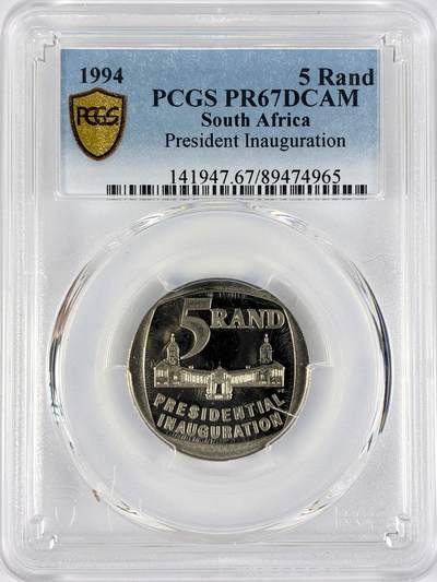 【雨安】【直播拍卖】【世界币章117期-评级币】2025-11-29 周六 19:30 保真 - [评级现代] South Africa 南非 5兰特 1994年 总统就职典礼 PCGS-PR67DCAM