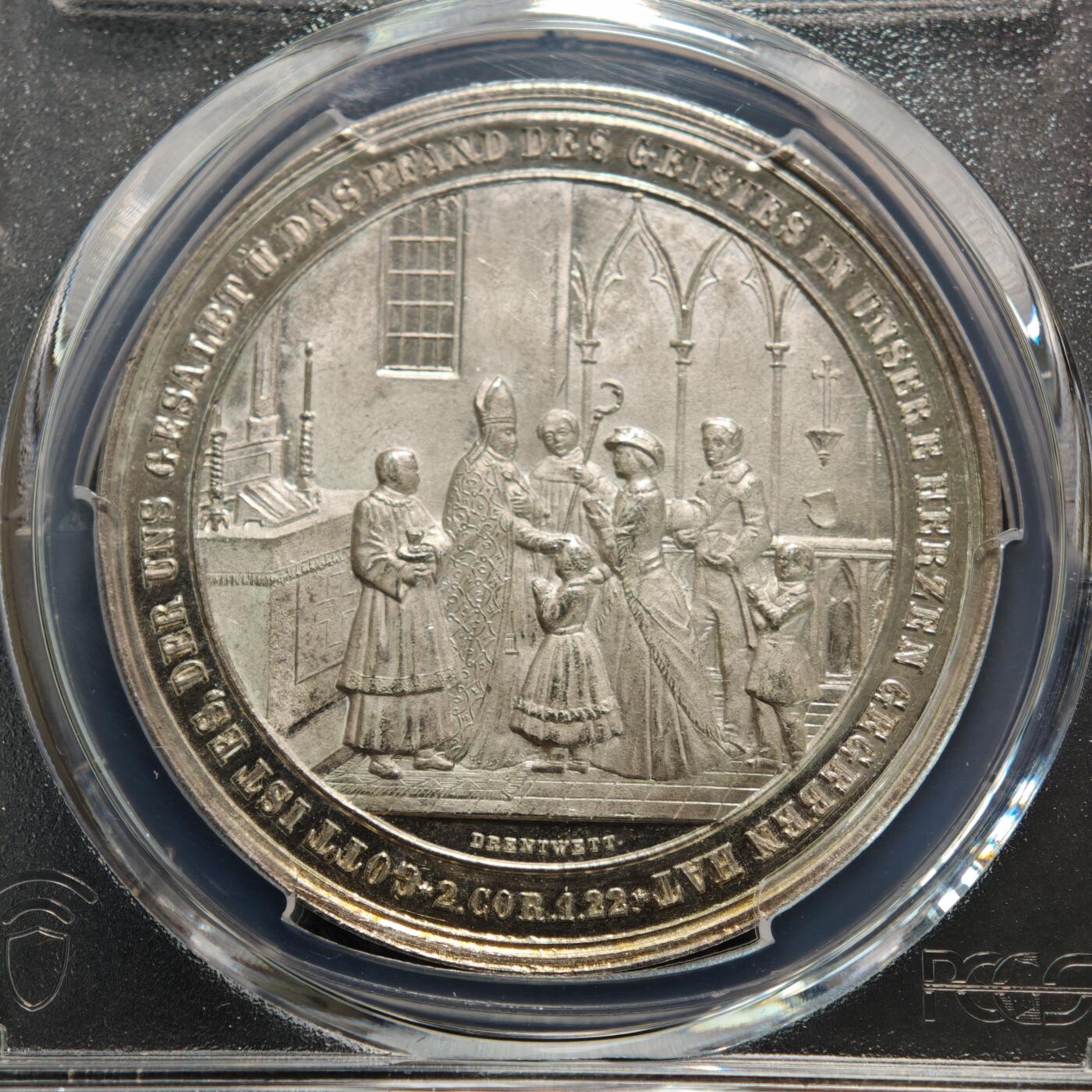 【德藏】世界币章拍卖第155期（拍品征集中~欢迎藏友联系） 1850年 德国宗教洗礼纪念银章 PCGS SP64 镜面感十足 细节极其丰富 唯一季军分 仅2枚更高