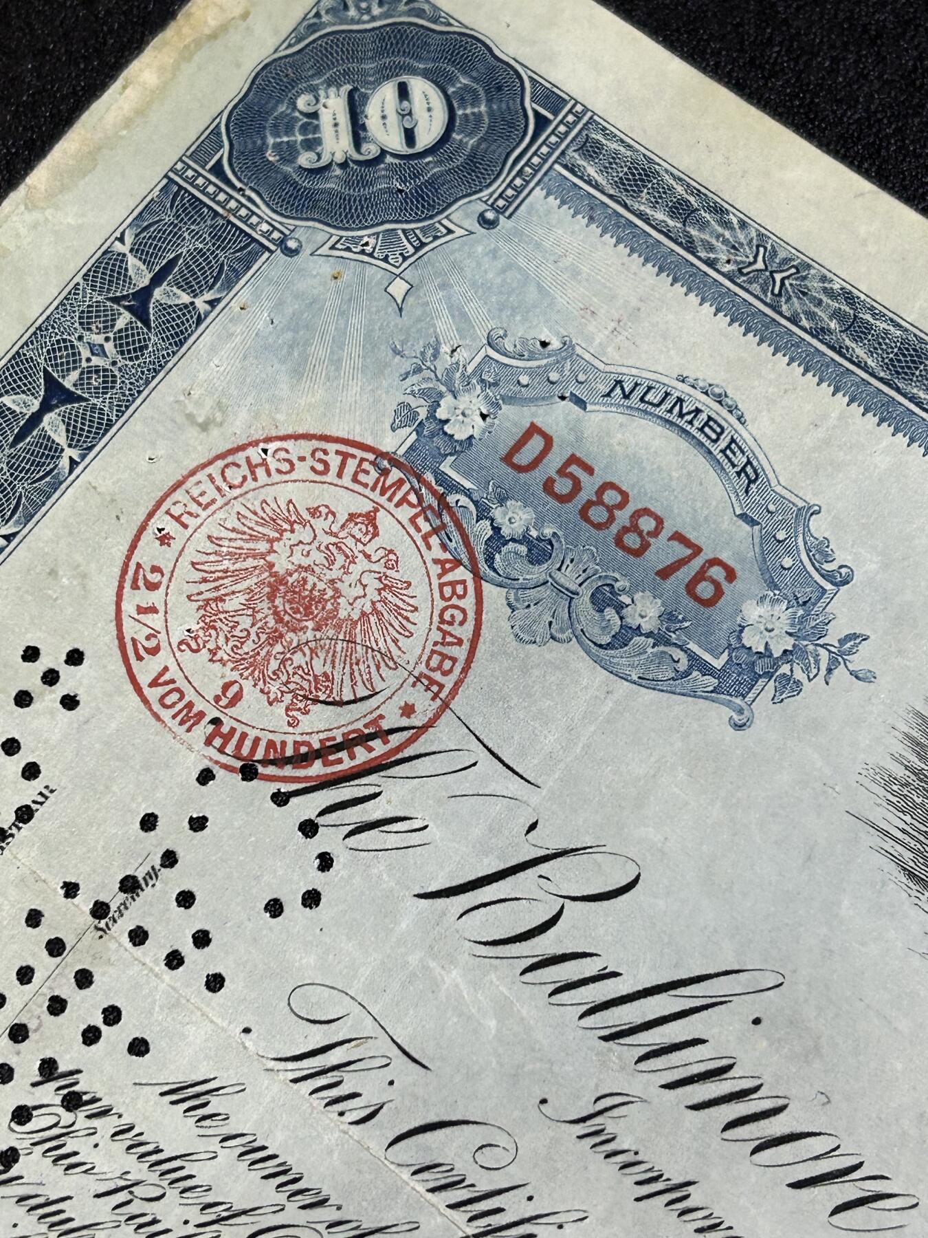 西秦中古拍卖第六十七期 美国1906年铁路公司股票 稀少德意志银行持股人 盖有帝国税戳 非常少见