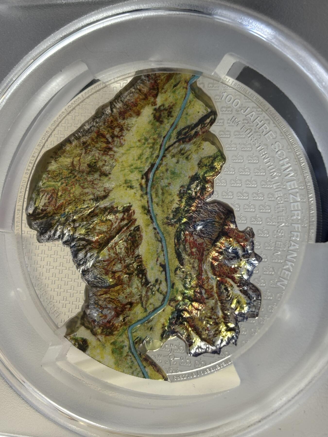 第183期拍卖 列支敦士登2024年莱茵河谷100年瑞士法郎5盎司纪念银币PCGS-SP70无盒无证书，9999银，发行500枚