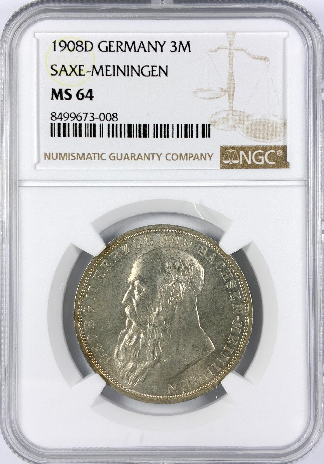 【雨安】【直播拍卖】【世界币章117期-评级币】2025-11-29 周六 19:30 保真 [评级德国] Germany 德国 帝国 萨克森-迈宁根 3马克 1908年  NGC-MS64