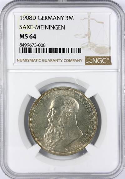 【雨安】【直播拍卖】【世界币章117期-评级币】2025-11-29 周六 19:30 保真 - [评级德国] Germany 德国 帝国 萨克森-迈宁根 3马克 1908年  NGC-MS64