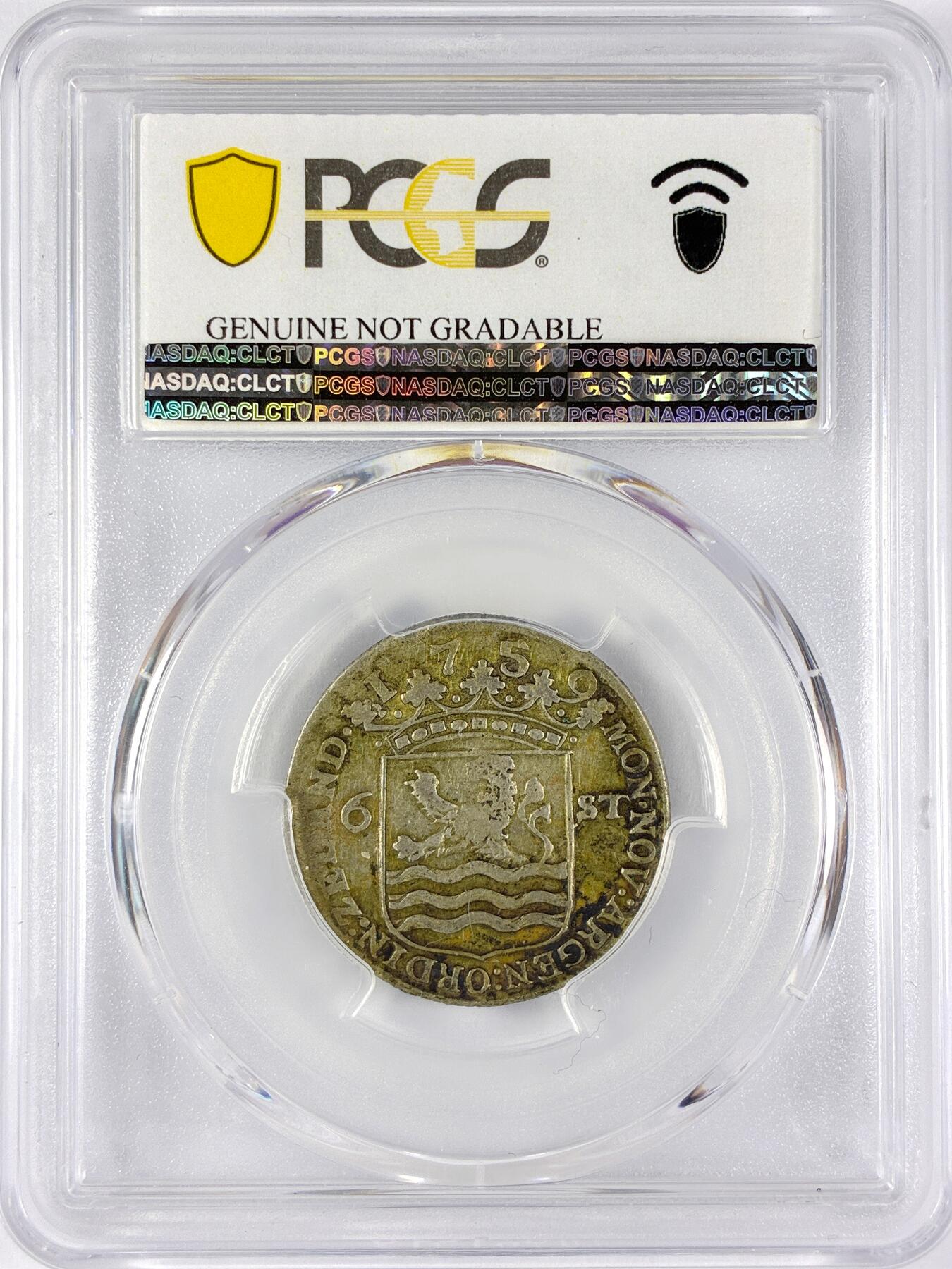 【雨安】【直播拍卖】【世界币章117期-评级币】2025-11-29 周六 19:30 保真 [评级欧洲] Netherlands 荷兰 共和国 泽兰省 6Stuiver 帆船 1759年  PCGS-AU