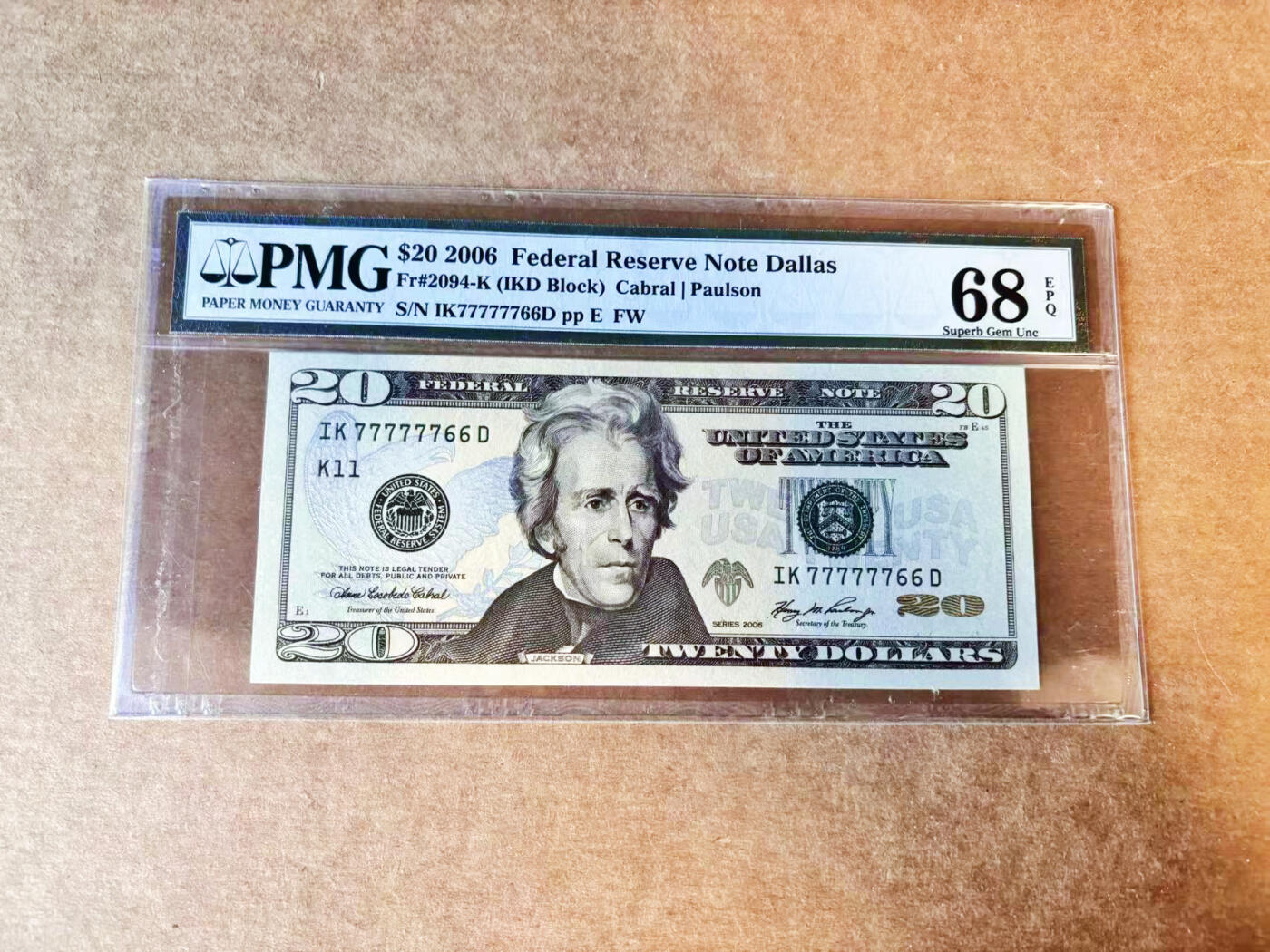 【Blue Auction】世界纸币精拍第756期——18级TOP拍卖/信誉/品质/专业/高效💫 【数二靓号】美国 2006年20美金 PMG68EPQ 高分