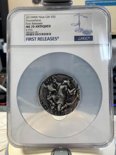 第183期拍卖 - 纽埃2019希腊神话系列普罗米修斯2盎司镀金银币NGC-MS70首无盒无证书，999银，发行500枚