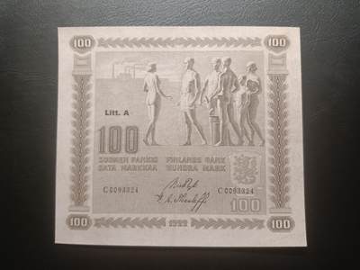 2025十一月第七期，总205期 - 芬兰1922年100马克AUNC，此系列稀有的首年份首序列A，象征着民族的起源和前进的意境画和国徽