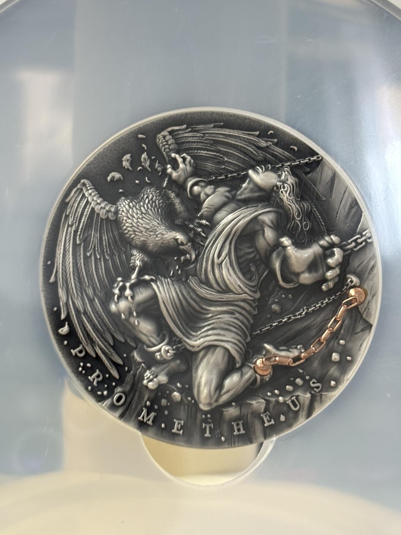 第183期拍卖 纽埃2019希腊神话系列普罗米修斯2盎司镀金银币NGC-MS70首无盒无证书，999银，发行500枚